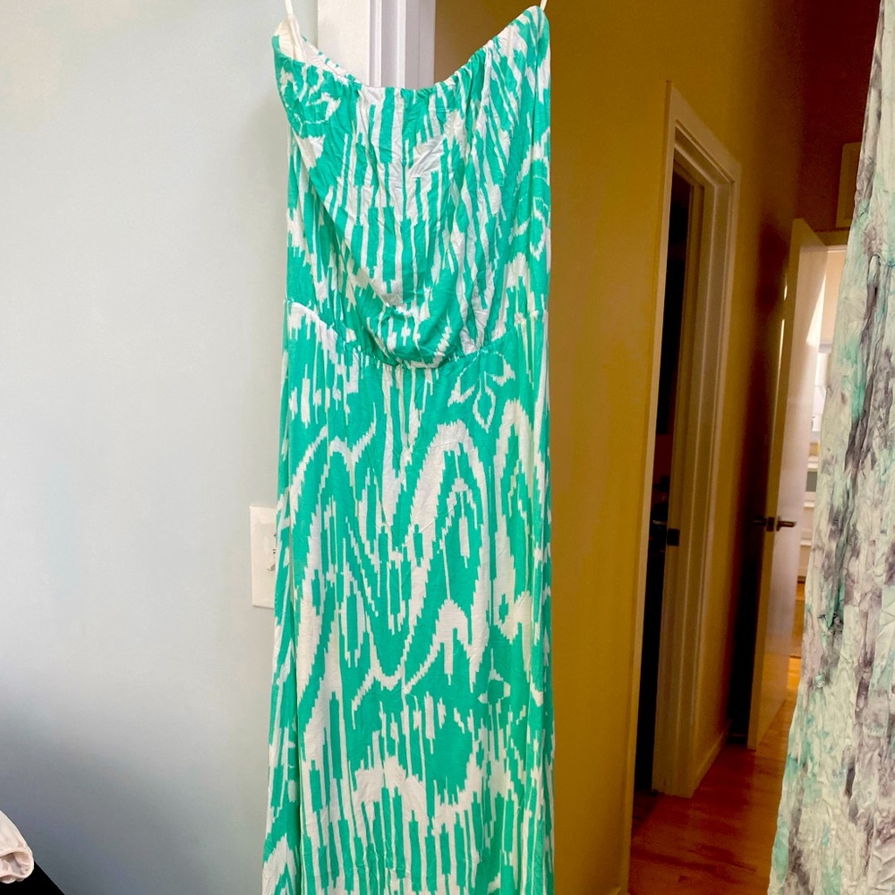 Calypso Velvet Green & White Aztec print strapless maxi dress